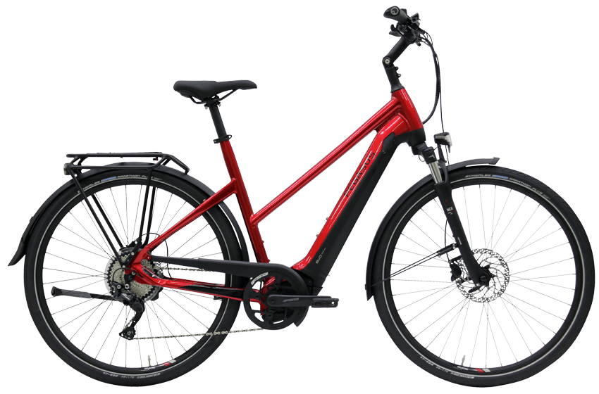 Pegasus Premio EVO 10 Lite Trapez Rot Pegasus Premio E10 Lite mit Shimano Kettenschaltung und Federgabel mit Bosch Performance CX Gen4 Motor