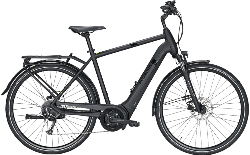 Pegasus Solero Evo 9 He Diamant sw Schwarzes Trekking Pedelec mit Straßenaustattung und Bosch CX Motor