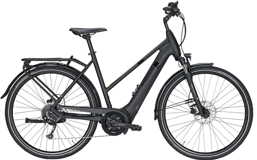 Pegasus Solero Evo 9 Da Trapez sw Schwarzes Trekking Pedelec mit Straßenaustattung und Bosch CX Motor