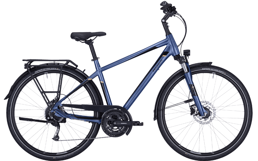 Blau Mattes Trekkingrad mit Federgabel und Hydraulischen Scheibenbremsen