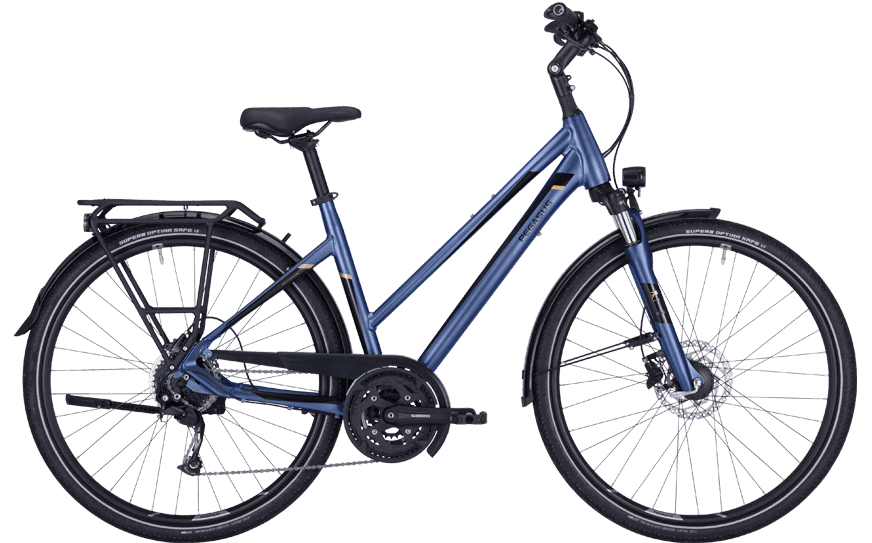 Blau Mattes Trekkingrad mit Federgabel und Hydraulischen Scheibenbremsen