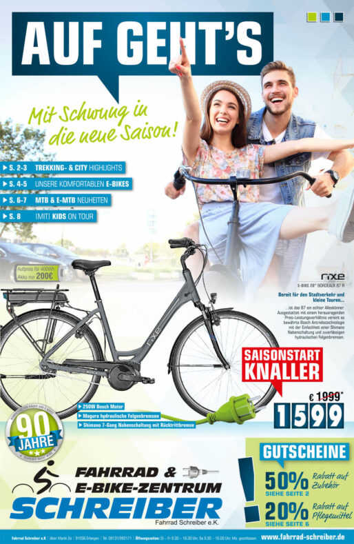 Titelseite des aktuellen Fahrrad & E-Bike Prospekts. Ein Mann und eine Frau sitzen fröhlich lachend gemeinsam auf einem Fahrrad. Darunter ist ein E Bike Angebot von der Firma Rixe mit Boschantrieb