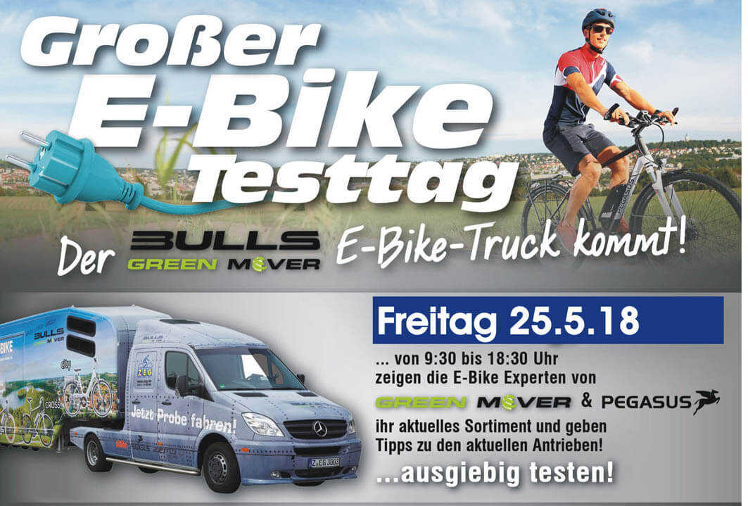 Text : "Großer E-Bike Testtag" mit einer Abbildung eines Trucks