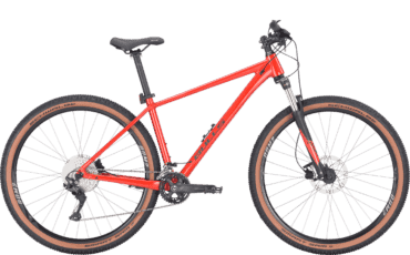 Rotes MTB mit Federgabel und Hydraulischen Scheibenbremsen