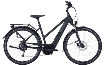 Schwarzes Pedelec mit Gepäckträger und Bosch Performance Motor