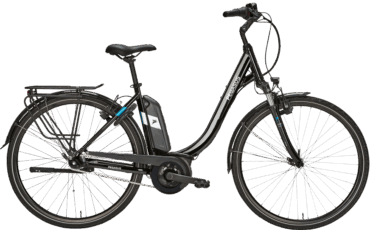 Schwarzes Straßenausgestattes Pedelec mit Federgabel und Bosch Motor