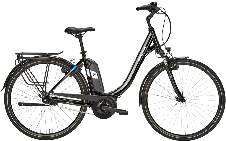 Schwarzes Straßenausgestattes Pedelec mit Federgabel und Bosch Motor