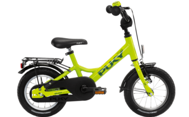 12 Zoll Kinderrad ins Hellgrün mit Gepäckträger und kinderfreundlichem Einstieg