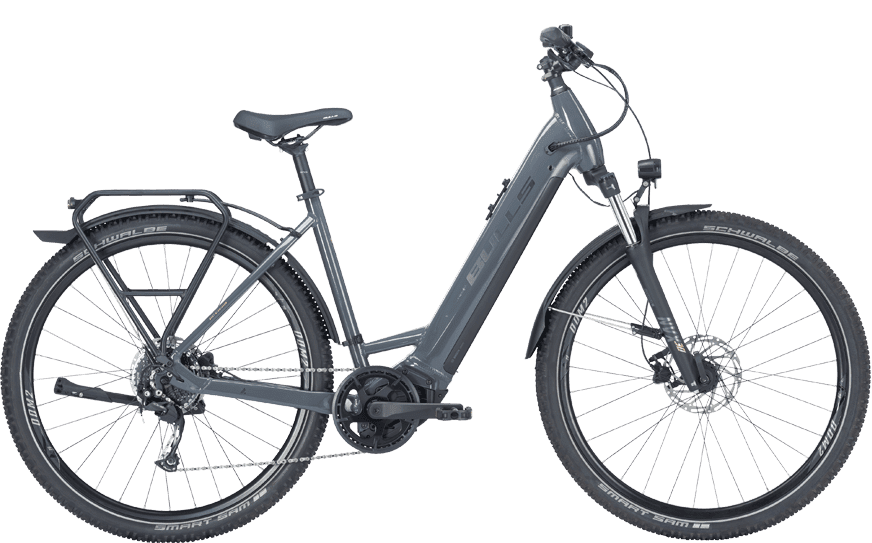 Graues Cross E-Bike mit Bosch Motor und Straßenausstattung