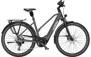 Graues, Robustes Trekking E-Bike von KTM mit Trapez einstieg