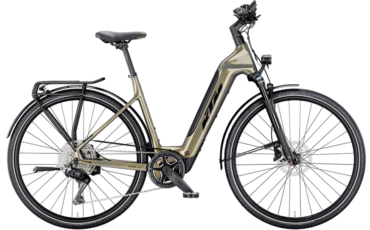 Silbernes, Extra leichtes Trekking Ebike von KTM mit Tiefeneinstieg