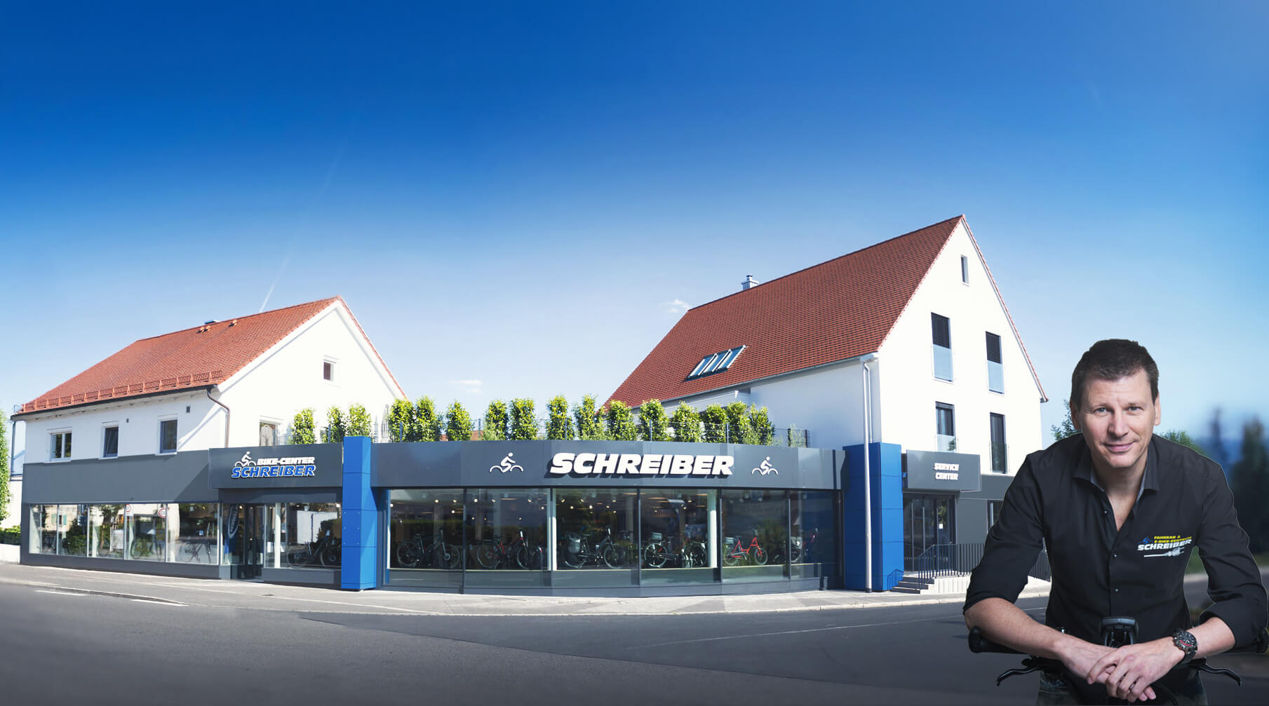 Aussenansicht des Geschäftes vom Bikes Center Schreiber mit seinem Inhaber Jürgen Schreiber