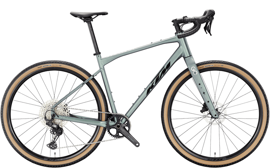 Silbernes Gravelbike von KTM mir Rennrad lenker