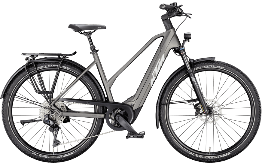 Graues Trekking Rad von KTM mit Hochwertiger Shimano Di2 Schaltung