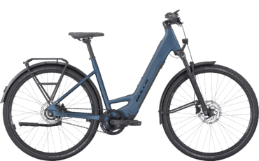 Sportliches E-Bike in Blau mit leichtem Bosch SX Antrieb und wartungsarmem Riemenantrieb.