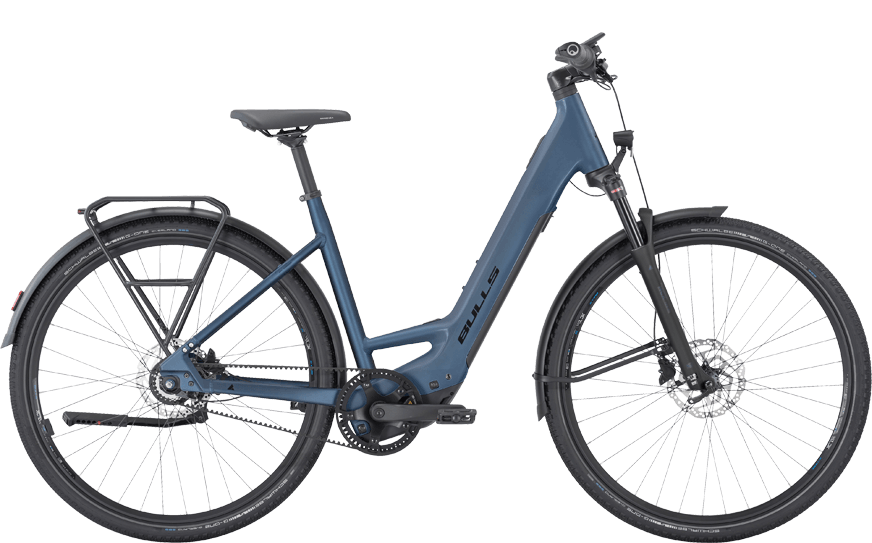 Sportliches E-Bike in Blau mit leichtem Bosch SX Antrieb und wartungsarmem Riemenantrieb.